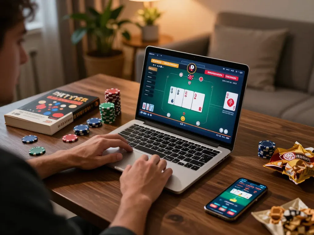 Engaging in online poker gaming on tg88 platform from a cozy home setup, showcasing action and strategic gameplay.