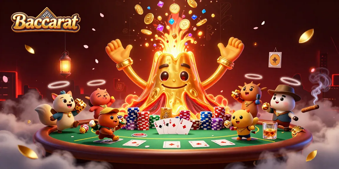 Baccarat game scene with erupting volcano, treasure-exploring animals, and poker elements