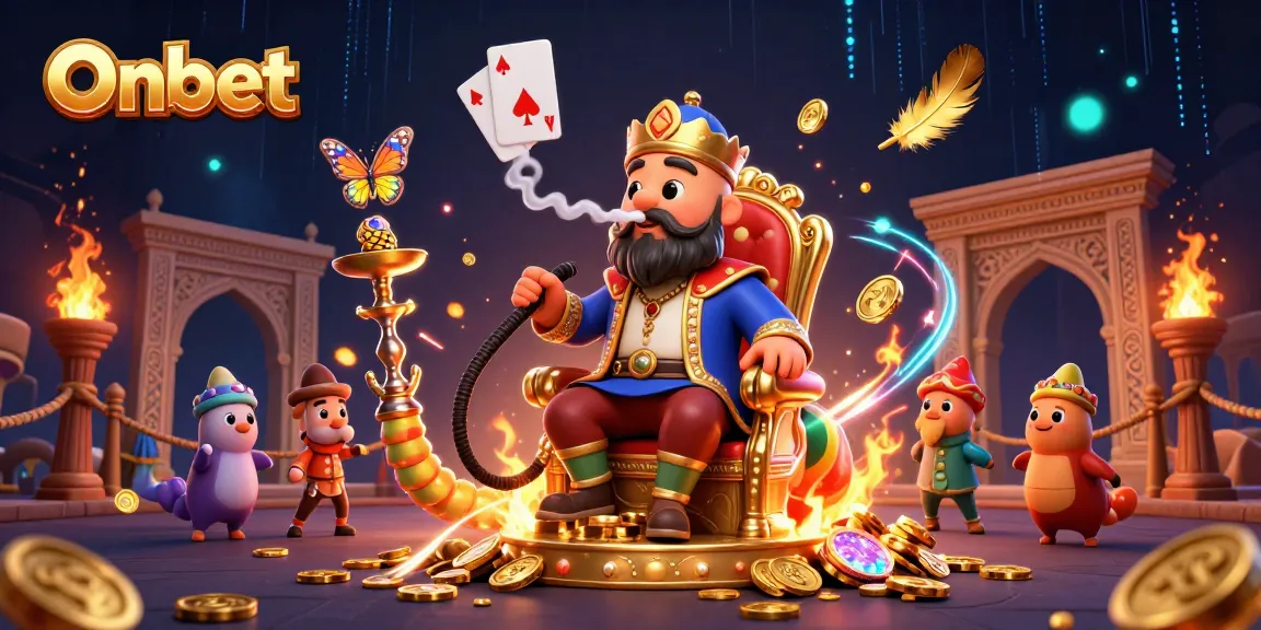 Engage with Onbet gaming through animated 3D illustration showcasing dynamic blackjack and poker elements.