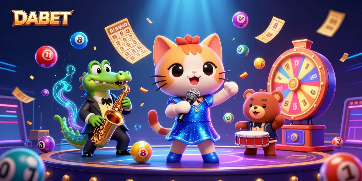 DABET lottery scene featuring a vibrant 3D jazz-singer cat, saxophone crocodile, and bear drummer, with dynamic gaming elements.