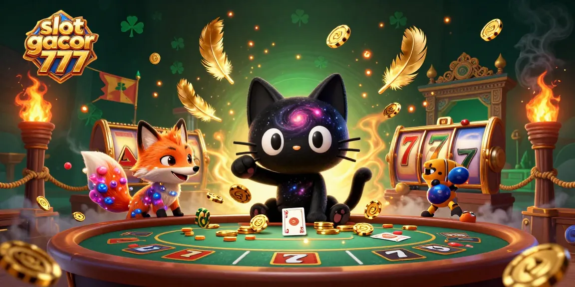 Engage with slot gacor 777 at a cosmic casino table with dazzling characters and gold coins.