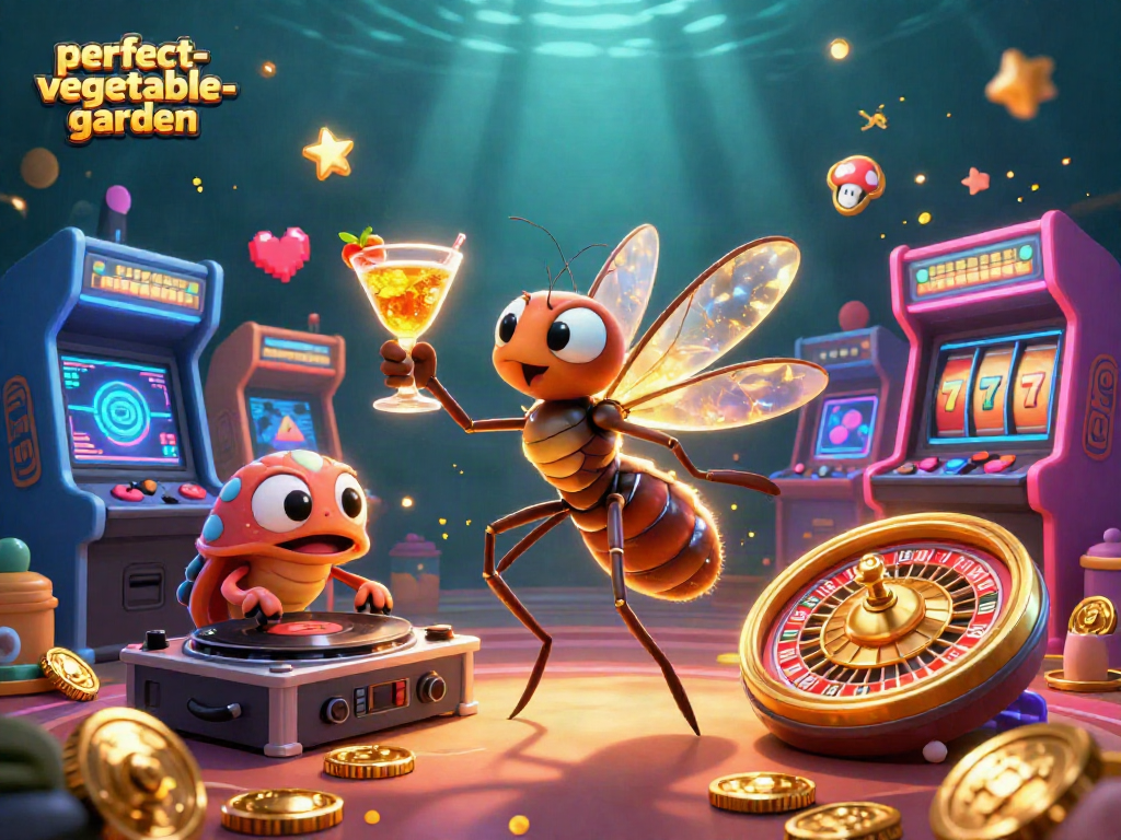Engage with perfect-vegetable-garden gambling strategies featuring casino-themed characters in a vibrant scene.