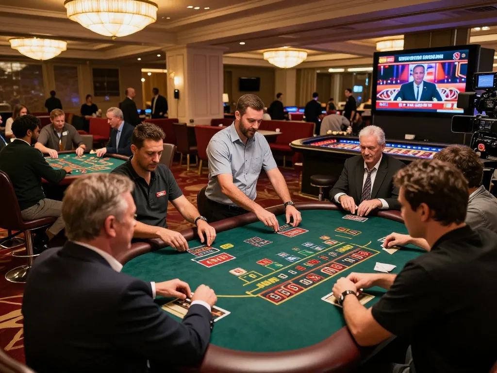 Players enjoying the kp88 game at a lively casino, showcasing strategic gameplay and celebratory moments.