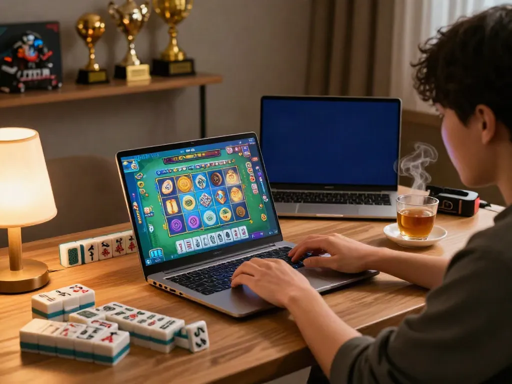 Pengguna menikmati permainan mahjong slot dengan peralatan bertema Mahjong di meja kerja yang nyaman.