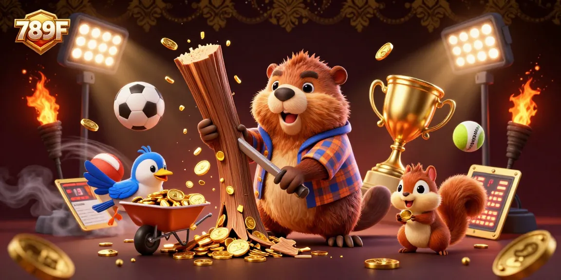 Experience thrilling gambling at 789F with golden coins raining as beavers and birds celebrate wins.