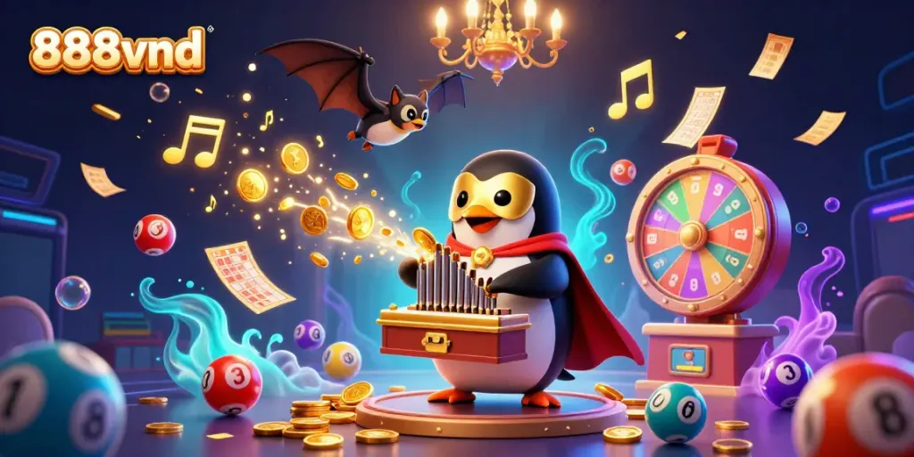 Engage with vibrant casino excitement at 888vnd through animated characters and lottery elements.