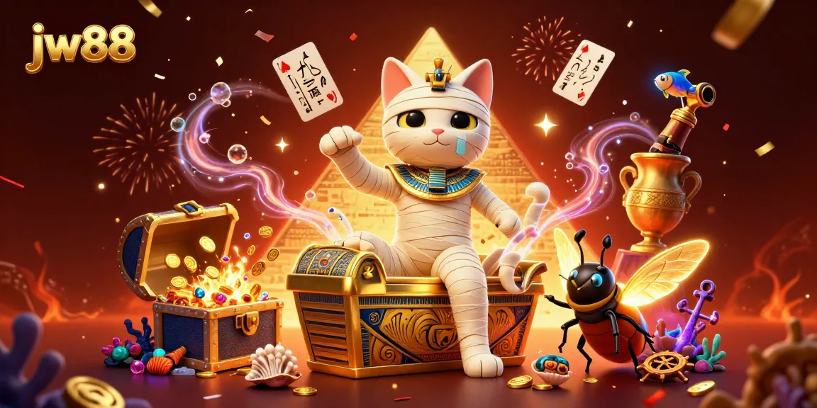 Play and win at jw88 with Egyptian-themed casino art featuring vibrant mummy cat and golden treasures.