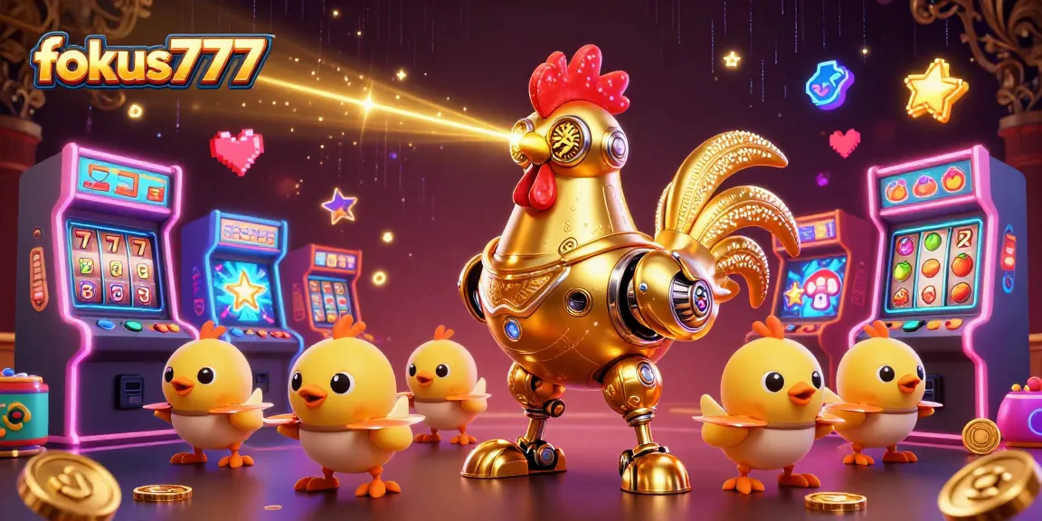 Experience thrilling gameplay with fokus777 showing a golden rooster robot and arcade elements
