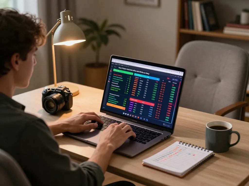 Engaging scene of a person analyzing kèo nhà cái hôm nay while betting online with charts and strategies at home.