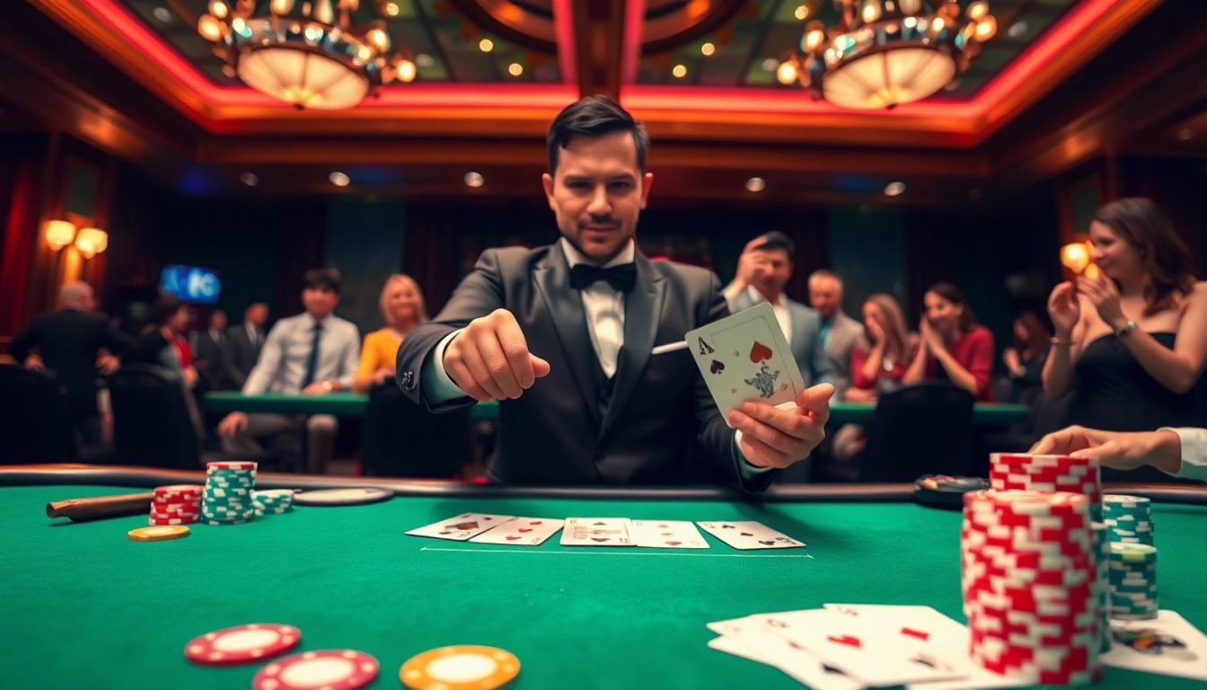 ARAHTOGEL dan dealer kasino yang antusias di meja permainan kartu.