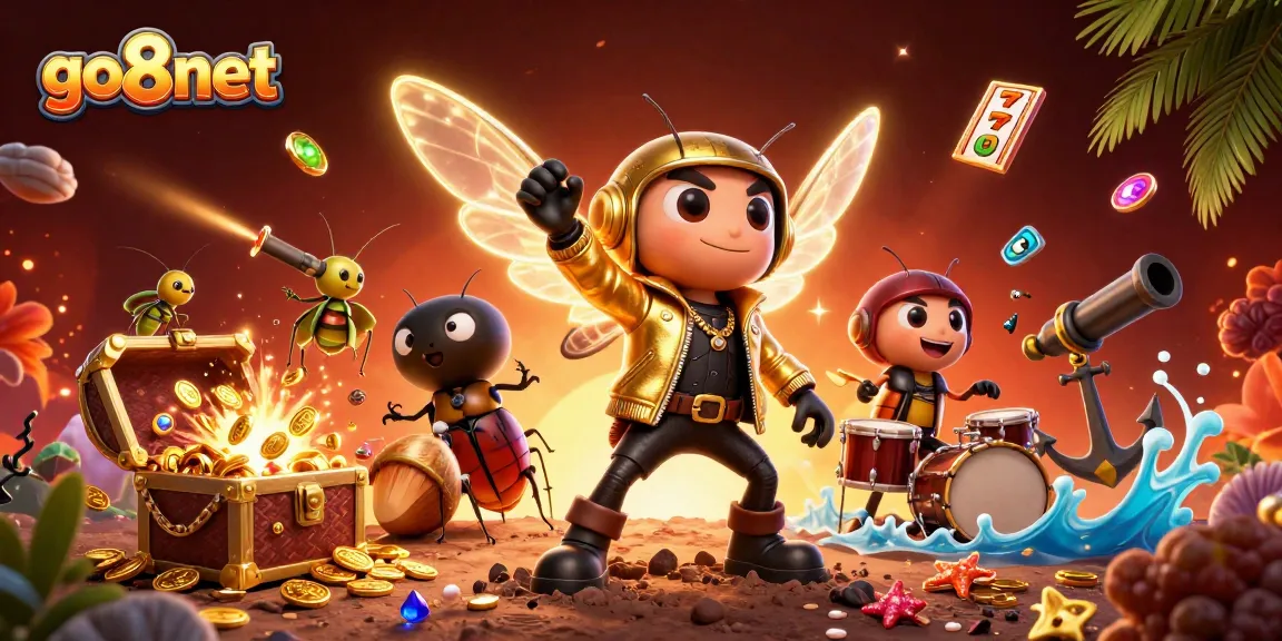 Engage with go8net's dynamic gaming world as characters celebrate vibrant jackpots and treasure bursts.