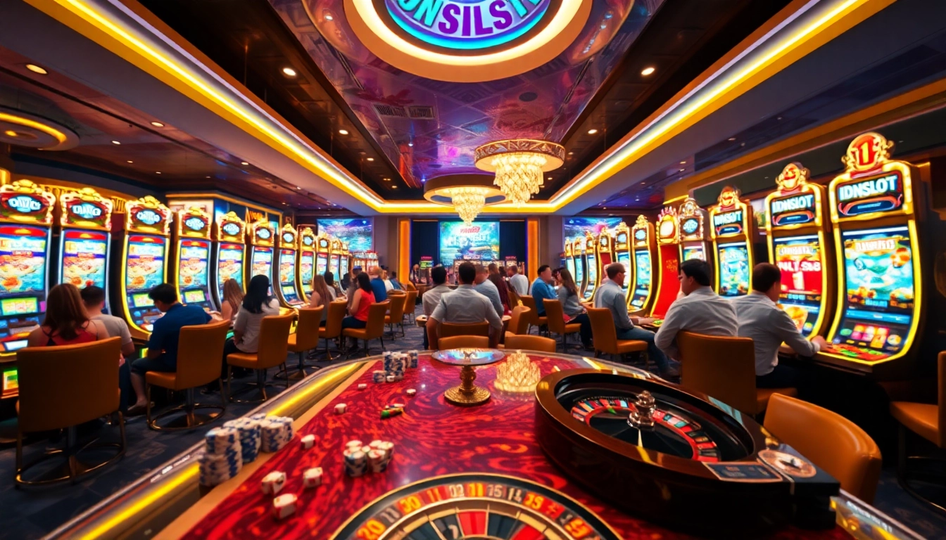Engaged players at the lively IDNSLOT gaming area experience the thrill of potential wins and jackpots.