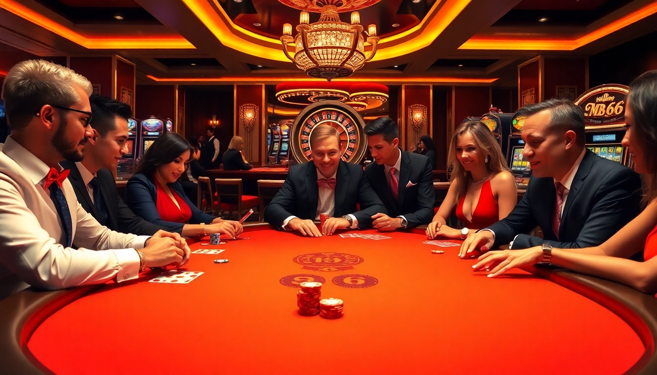 Players enjoying an engaging high-stakes game at MB66 casino, featuring elegant poker tables and vibrant atmosphere.