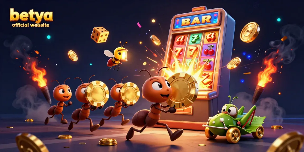 Engage with the betya official website showcased in a vibrant casino heist scene featuring ants and golden elements.