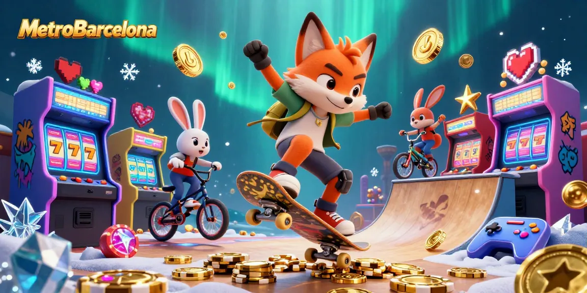 MetroBarcelona features an energetic scene with a skateboarder fox among casino symbols and slot elements.