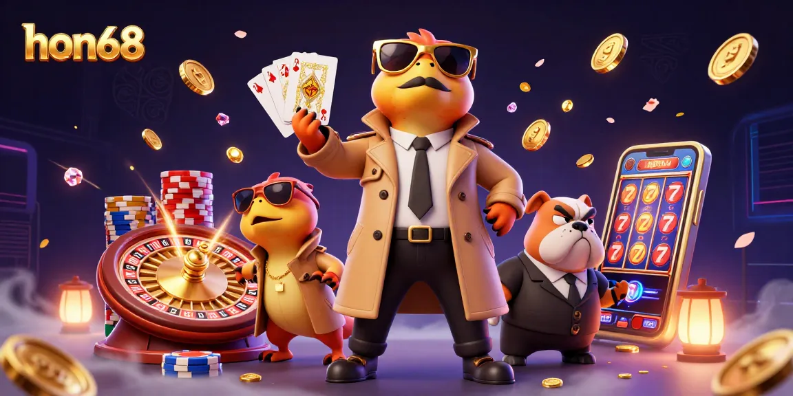Experience the thrill of hon68 with three raptors in a trench coat at a vibrant casino scene.