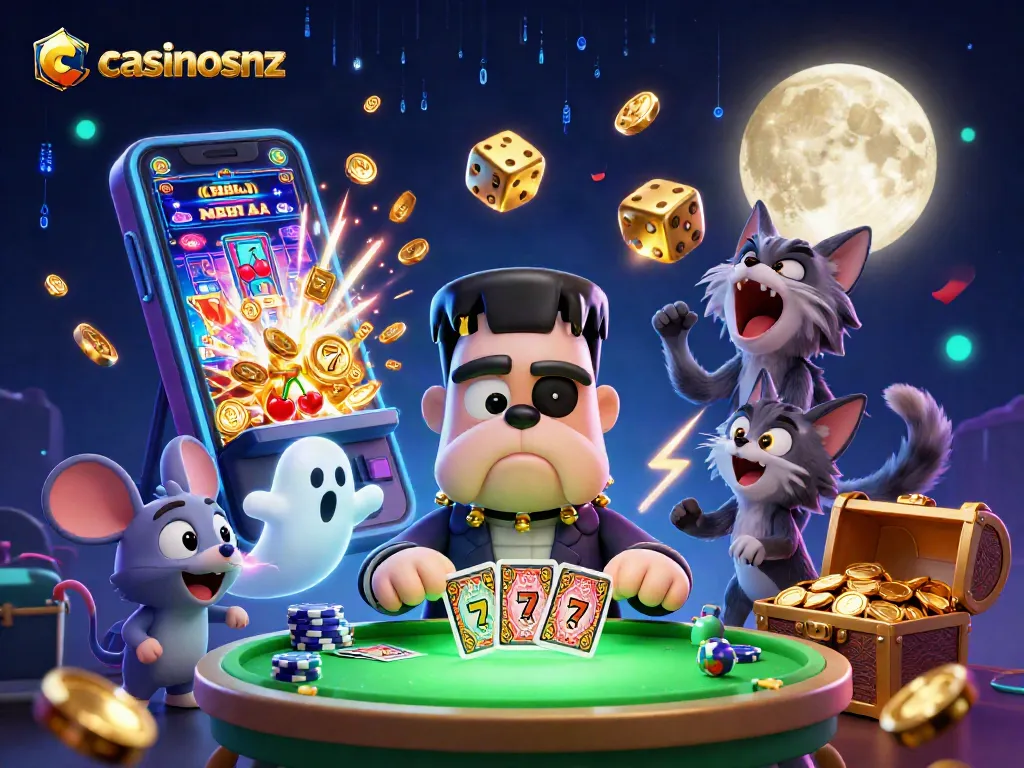 casinosnz showcases a lively 3D cartoon scene with a Frankenstein bulldog and themed gaming elements.