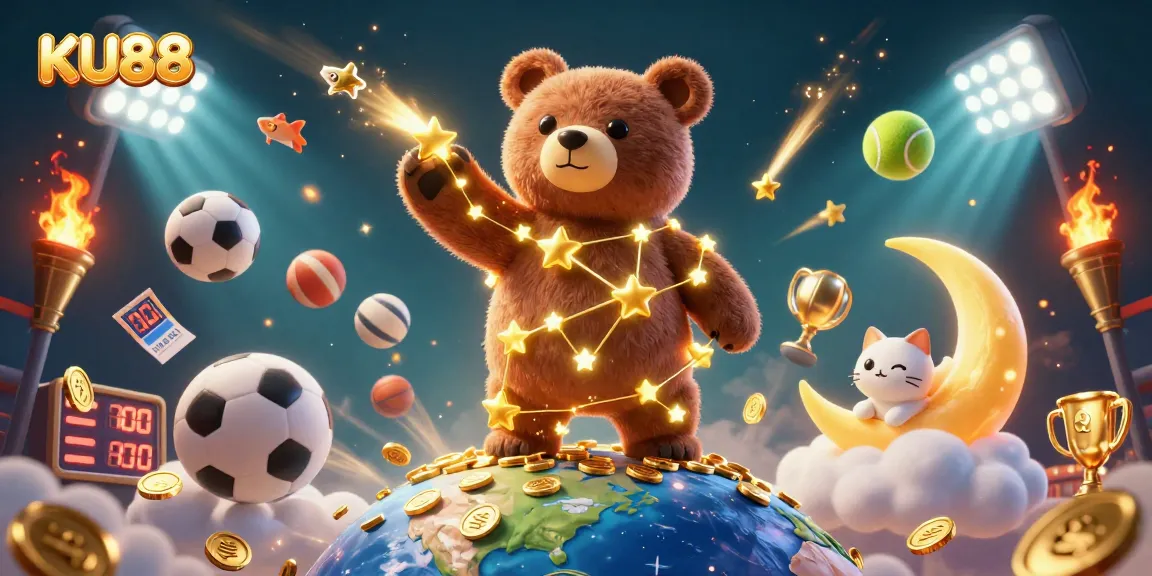Experience the excitement of KU88 with animated stars, sports balls, and vibrant casino imagery.