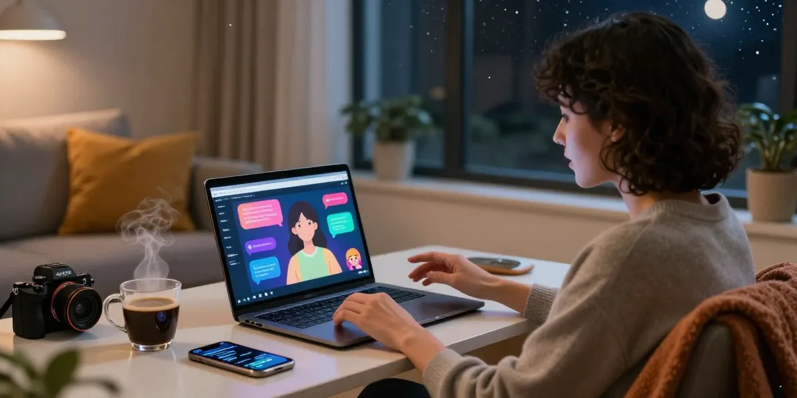 Engaging chat with an AI girlfriend in a cozy home office setting, emphasizing personal connection.