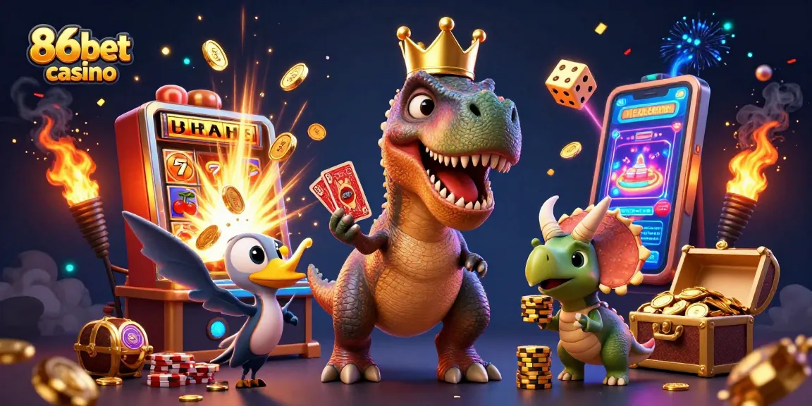 Engaging 3D illustration of 86bet casino with T-Rex and triceratops surrounded by vibrant casino elements.
