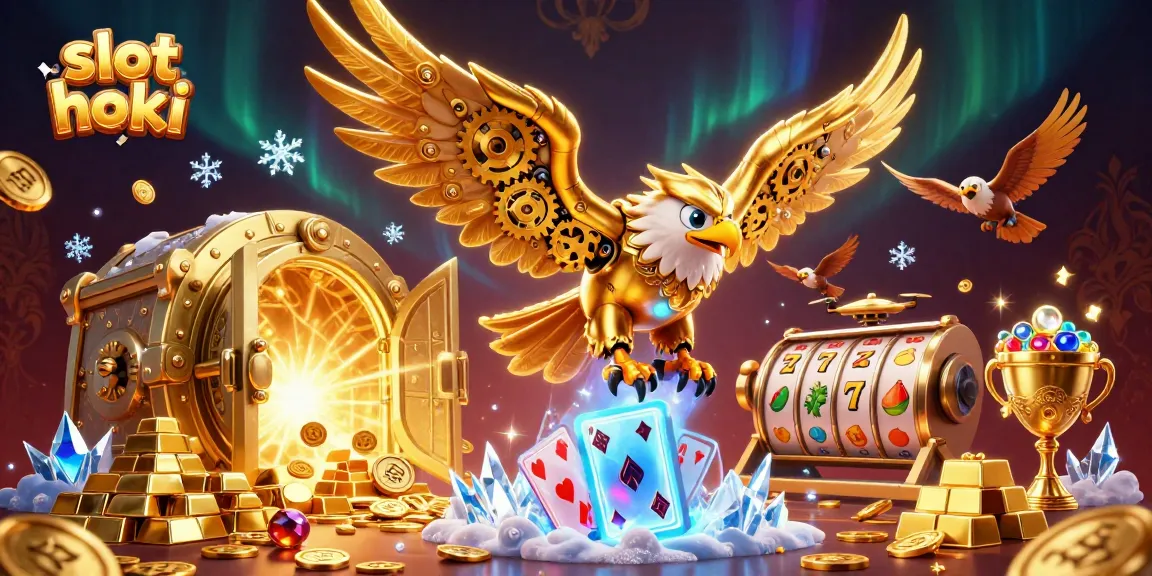 Engage with slot hoki’s thrilling gameplay, featuring a golden eagle amidst dynamic casino elements.