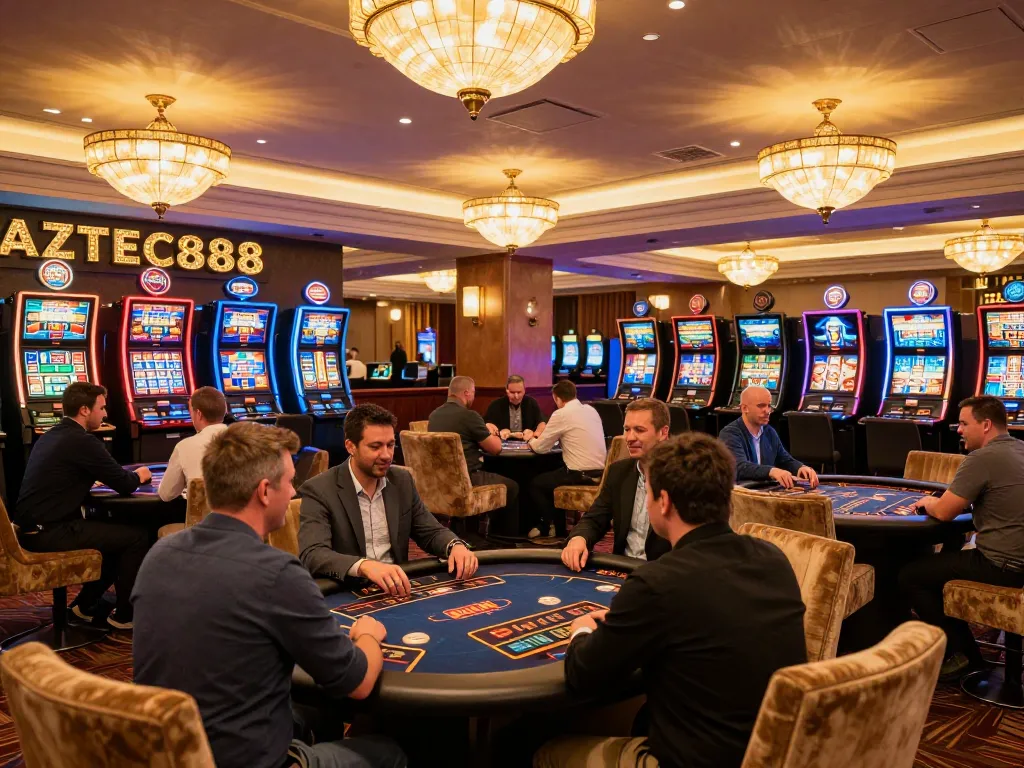 AZTEC888 casino scene with enthusiastic players at tables celebrating wins amidst vibrant gaming atmosphere.