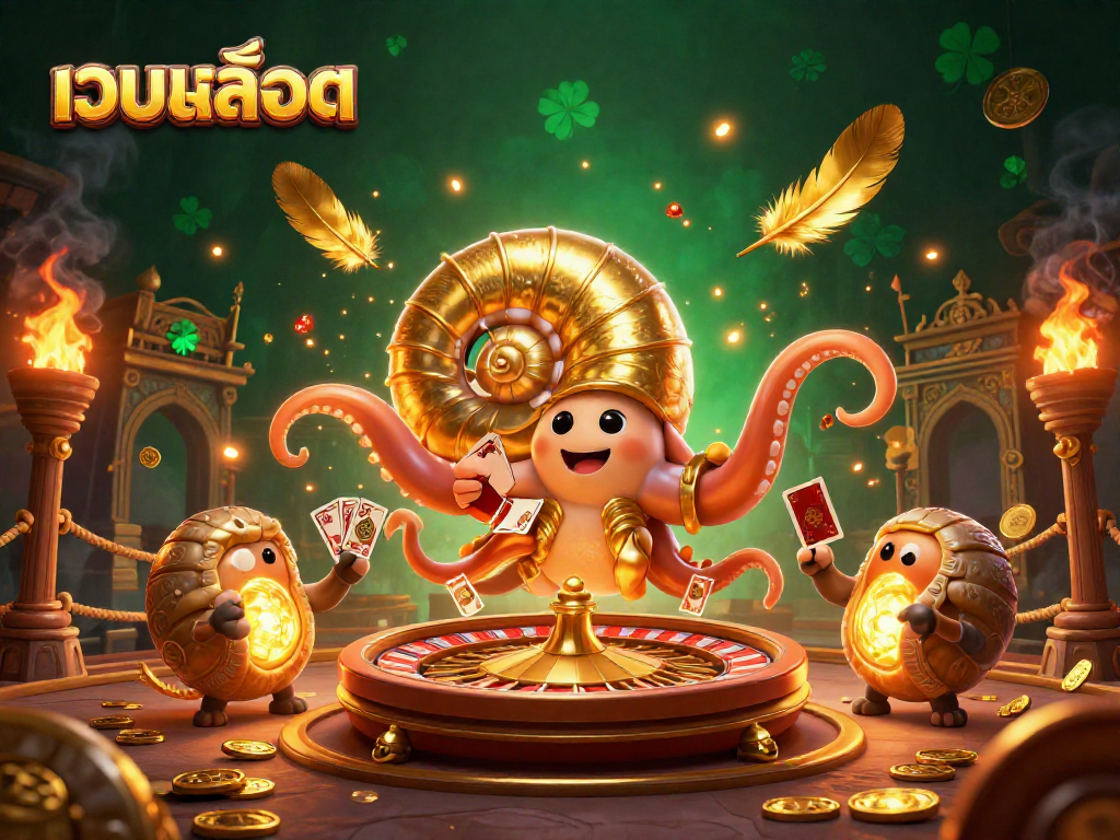 Play exciting เว็บสล็อต slots with a giant nautilus roulette wheel in a vibrant casino scene full of golden elements.