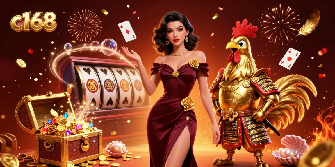 C168 players celebrate wins near falling golden feathers and vibrant casino elements.