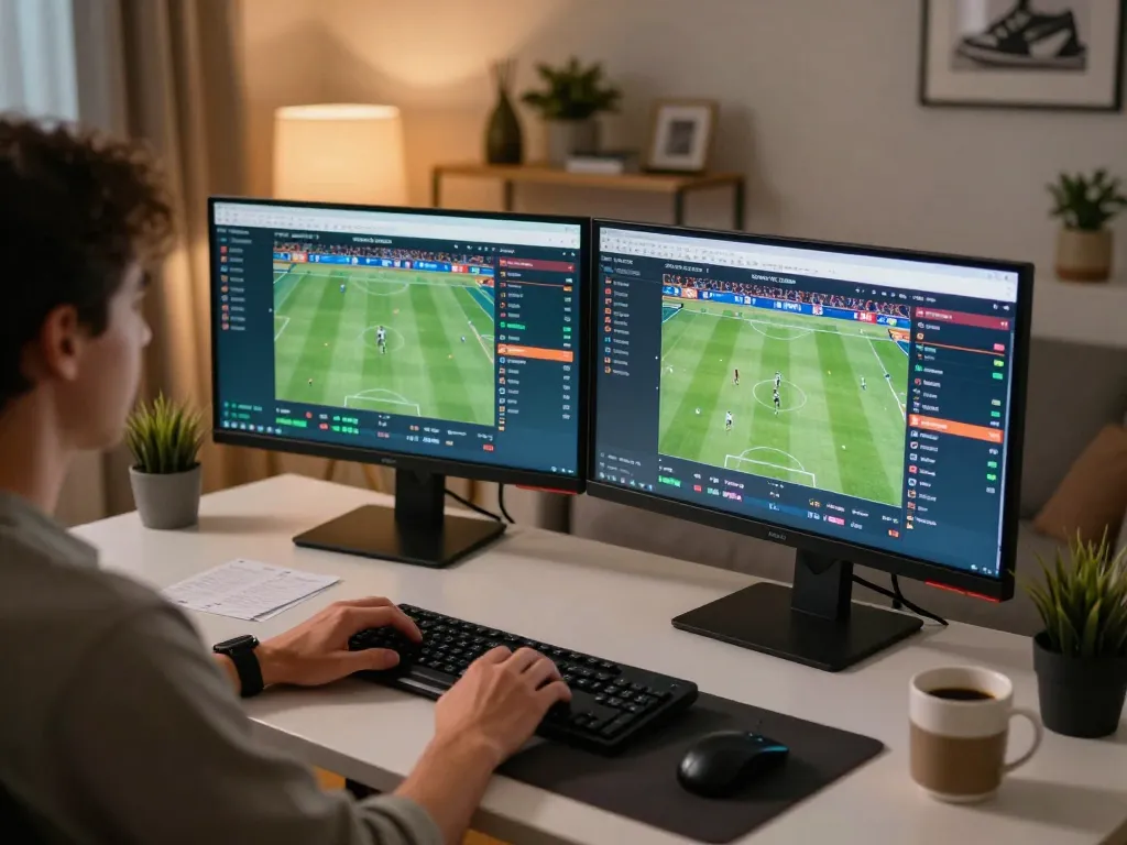 Engaging online sports betting scene showcasing user experience on https://vaobet.locker/ with dual monitors and cozy home office.