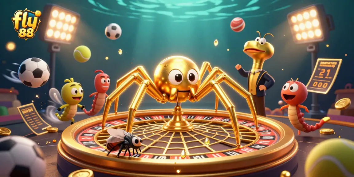 Experience exhilarating bets with fly 88 at this vibrant casino scene featuring a golden spider and a centipede.