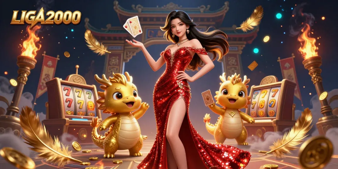 LIGA2000 menggambarkan suasana kasino yang meriah dengan seorang wanita percaya diri dan maskot naga emasnya, penuh dengan elemen permainan yang dinamis.