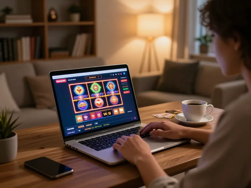 Engaged user playing sc 88 online casino slots on laptop in cozy home office setting.