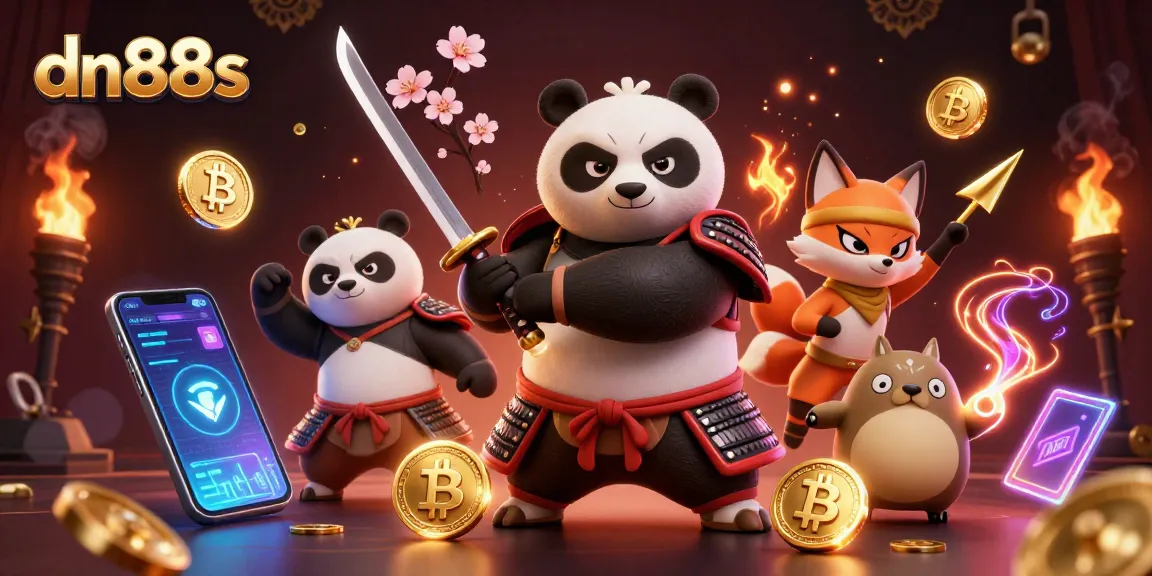 Engage with exhilarating gaming action on dn88s as a samurai panda wields a katana amid glowing crypto coins.