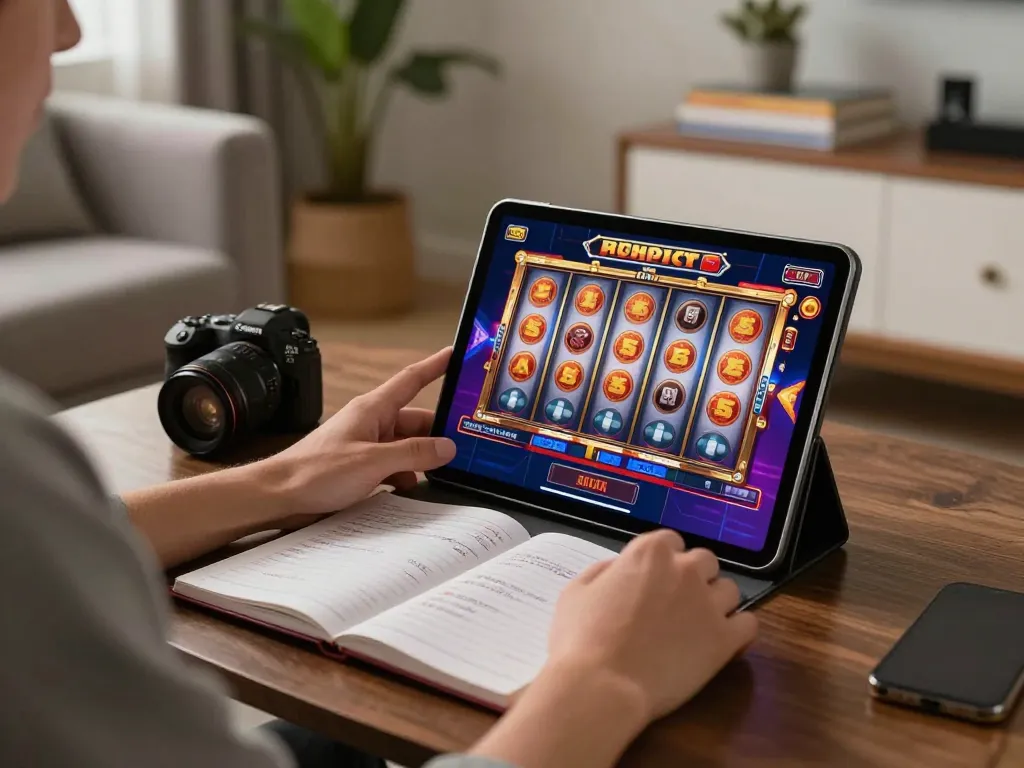 Pemain yang terlibat dalam permainan slot di tablet di suasana rumah yang nyaman dengan catatan strategis di meja.