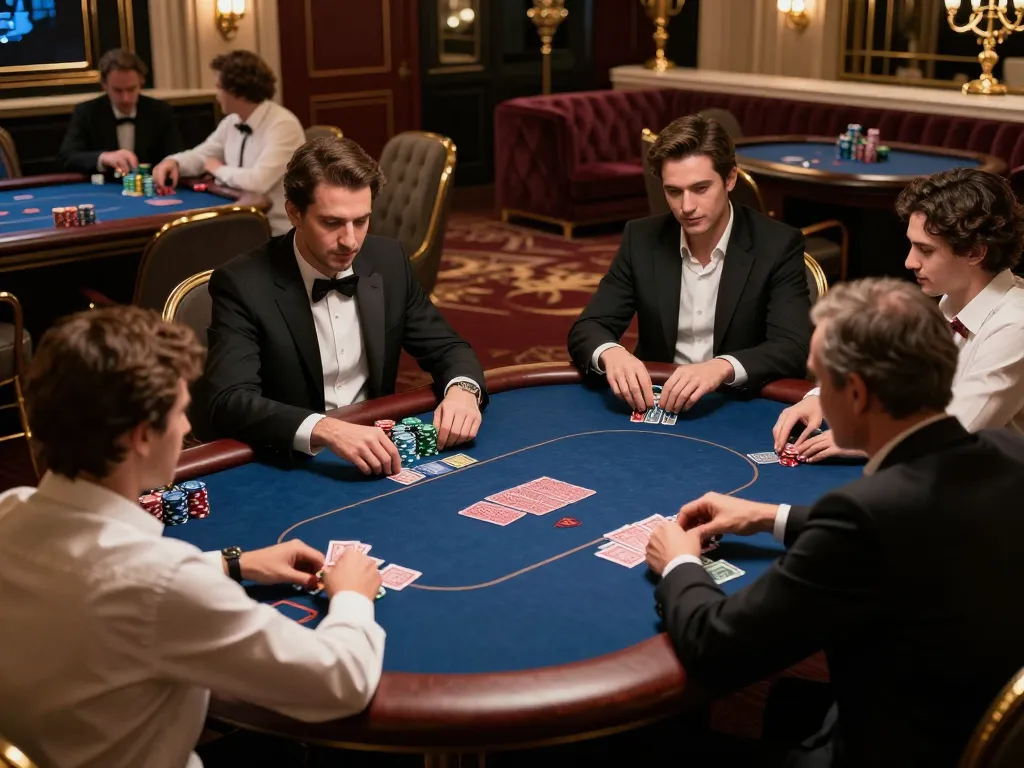 Players enjoying high-stakes poker at a VIP table at snk88's lavish gaming venue.