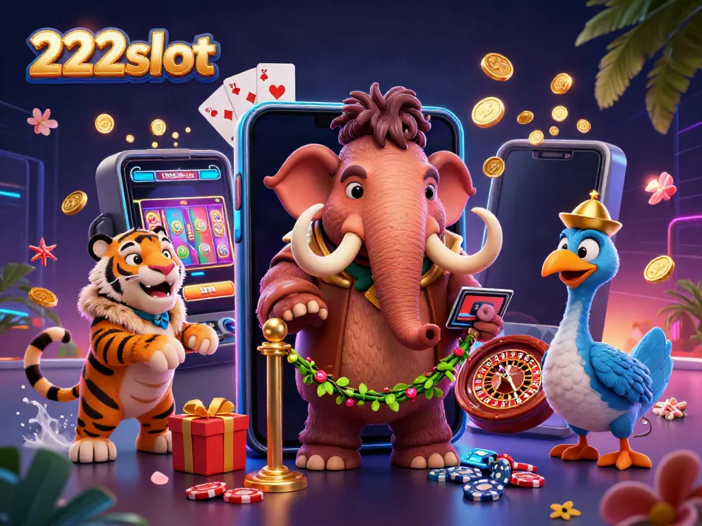 Memenangkan permainan slot dengan 222slot menggunakan smartphone dan dikelilingi karakter unik di kasino