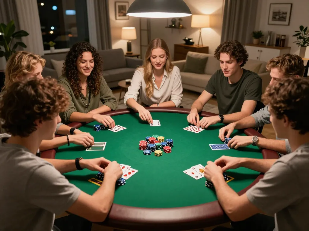 Friends enjoying a poker night at home, showcasing the strategic fun of taisunwin in a cozy setting