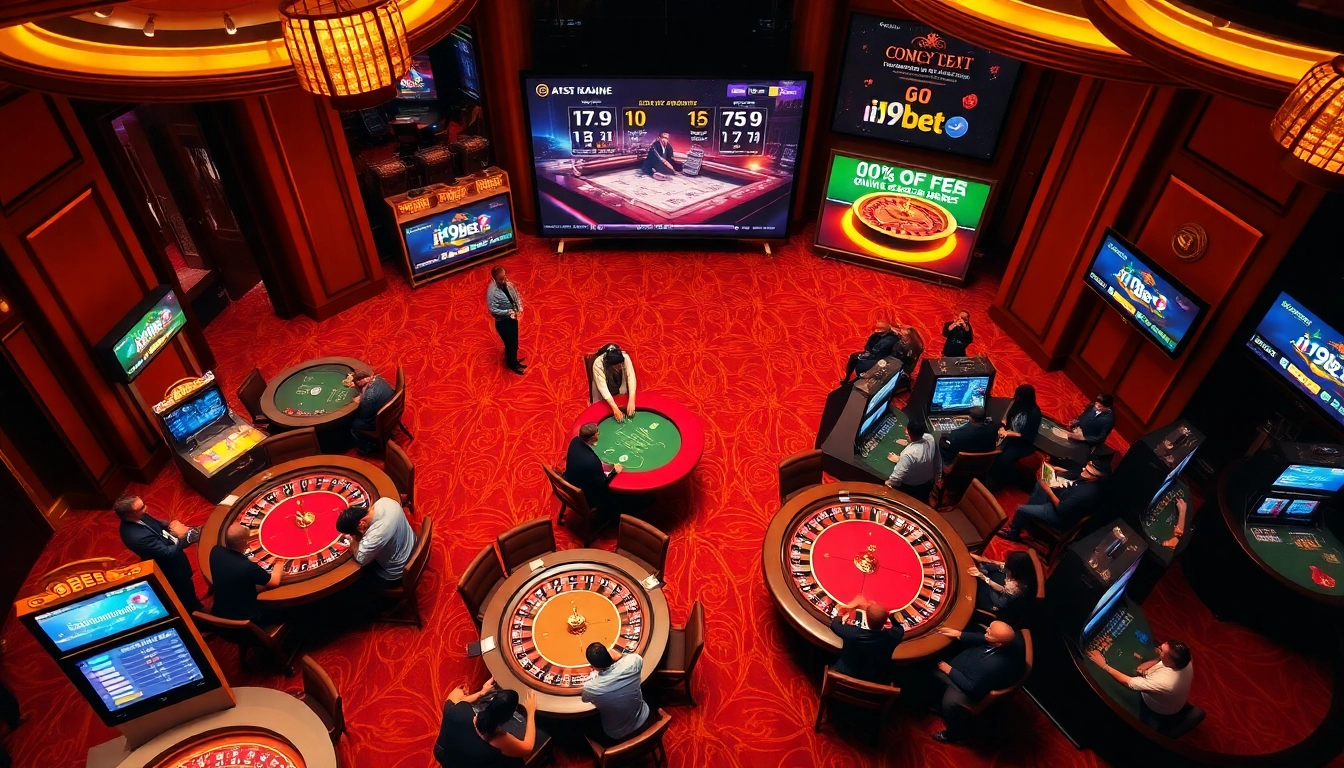 Players enjoying the luxurious i9bet gaming lounge with thrilling casino tables and slot machines.