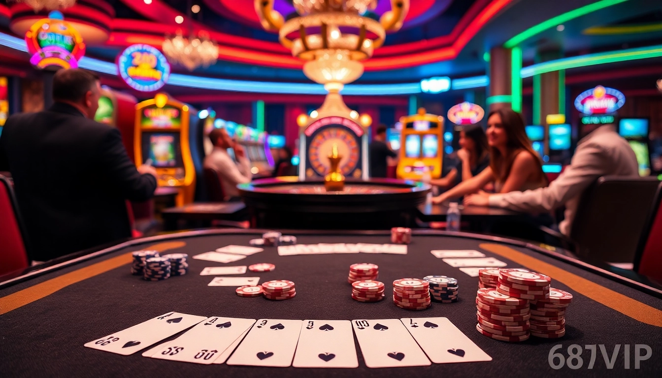 Players enjoying a thrilling poker game at 68VIP casino with vibrant lights and rich decor.