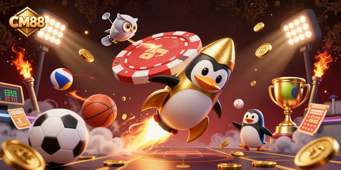 Experience winning moments with CM88 as a golden penguin travels to a casino space station surrounded by dynamic sports elements.