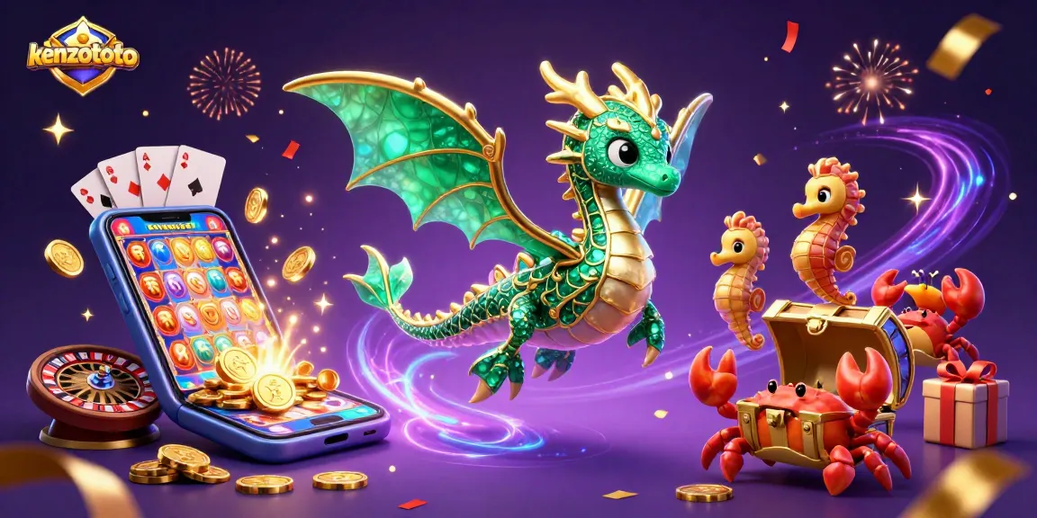 Engage with kenzototo's vibrant slot gaming scene featuring emerald sea dragons and a treasure chest bursting with excitement.