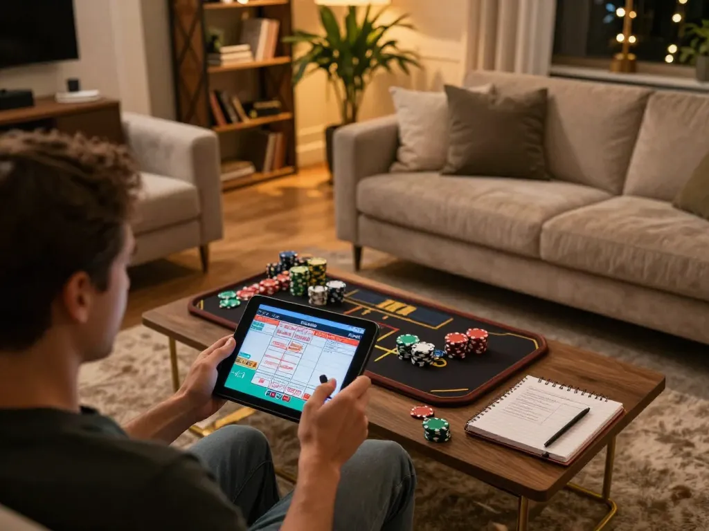 Engaging in live dealer games at home via https://goal123.ac/ on a stylish tablet with casino chips on the table