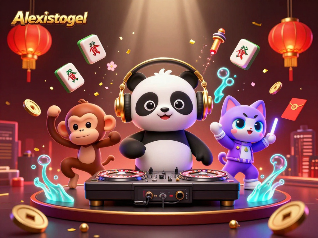 Aksi taruhan menarik di Alexistogel dengan DJ panda, monyet breakdance, dan kucing bersinar, dikelilingi elemen permainan.