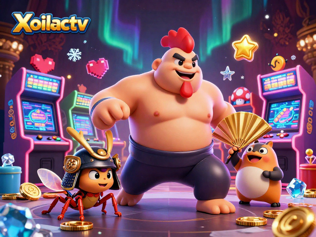 Xoilactv combines dynamic gaming characters and colorful casino elements for an engaging illustration.