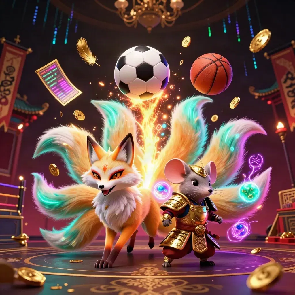Neon fox spirit and golden mouse beside flying basketball, soccer ball, coins and casino magic.