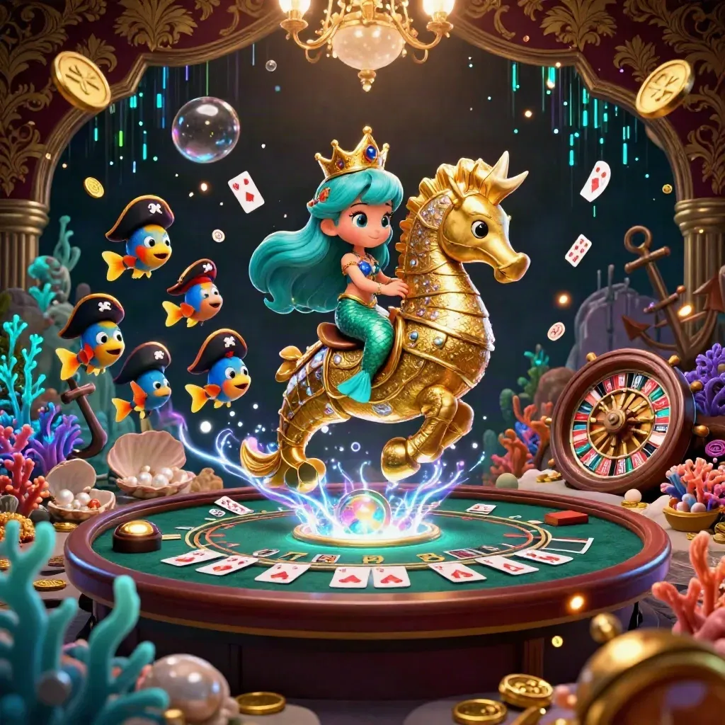 Mermaid princess on a golden seahorse in an underwater casino treasure cove