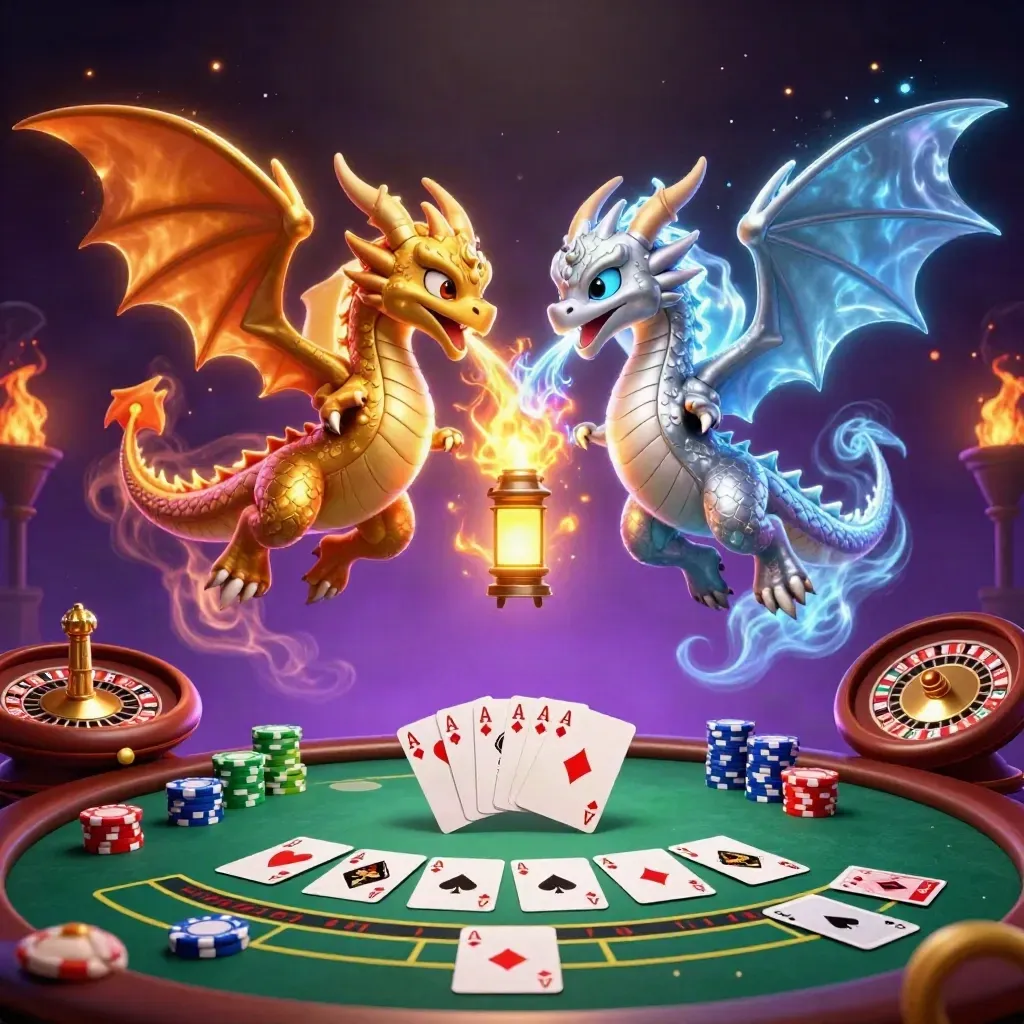 Gold and silver dragons swirl over a glowing casino table in a starry purple void.