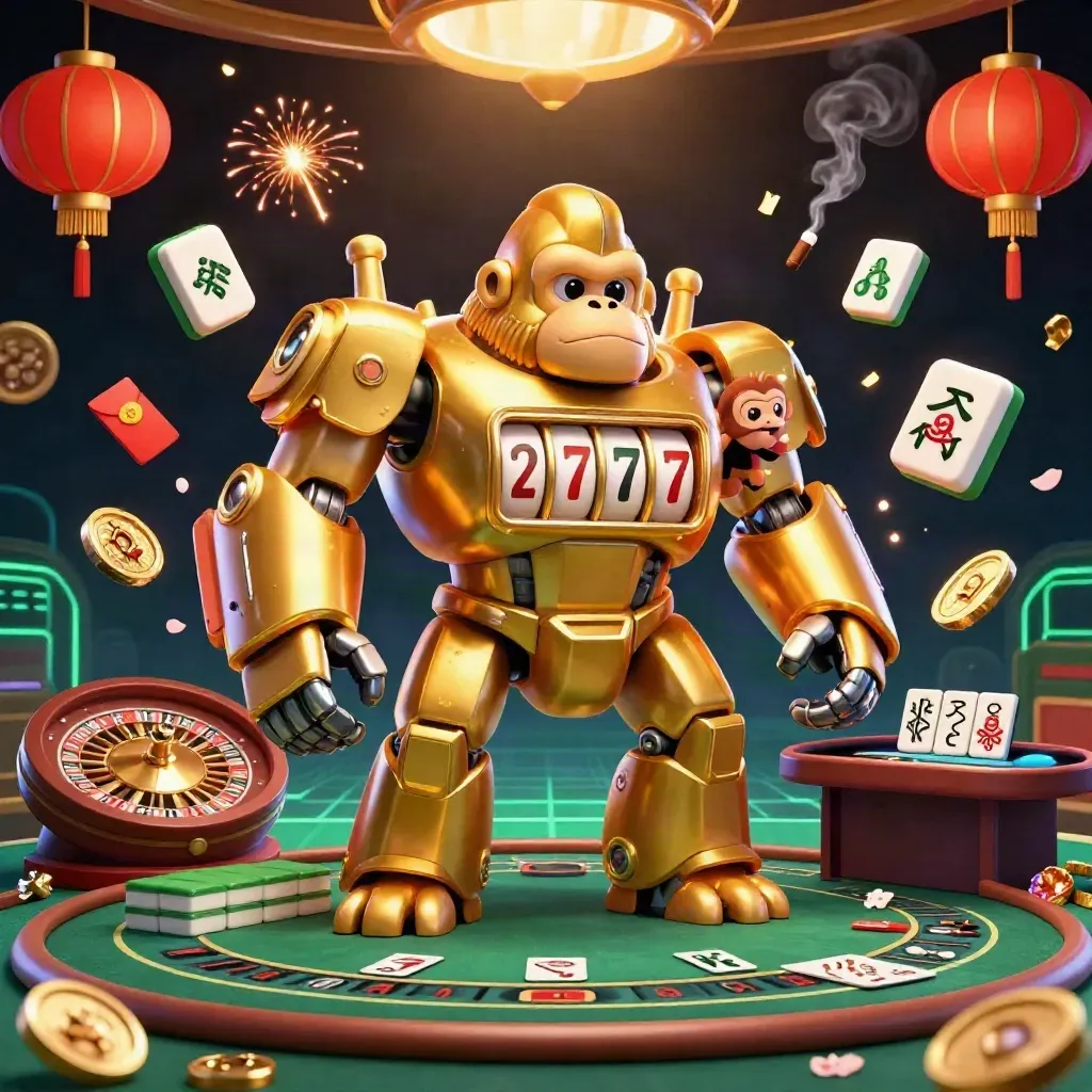 Golden gorilla mech with monkey pilot amid casino lights, roulette, tiles, lanterns, coins.