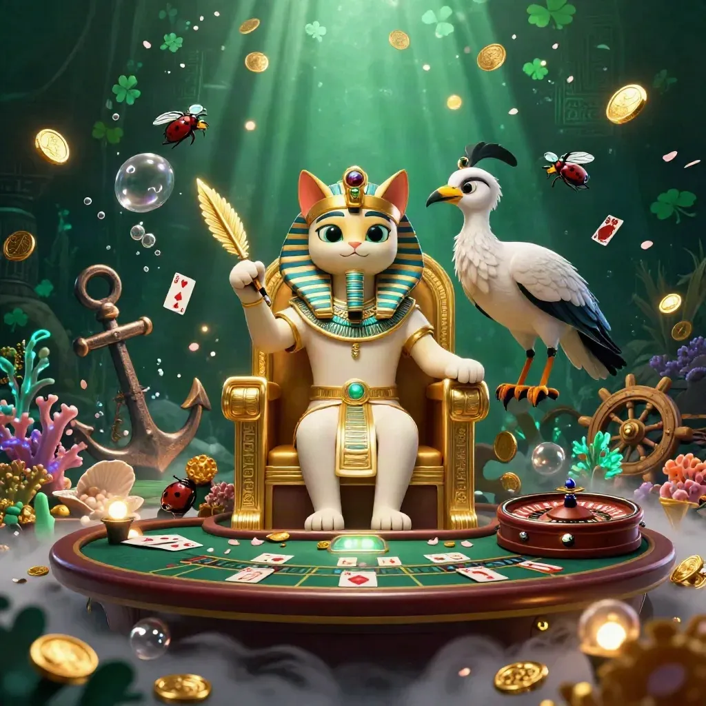 Pharaoh cat throne scene with ibis scribe, gem scarabs, treasure cove, cards, and glowing casino lights