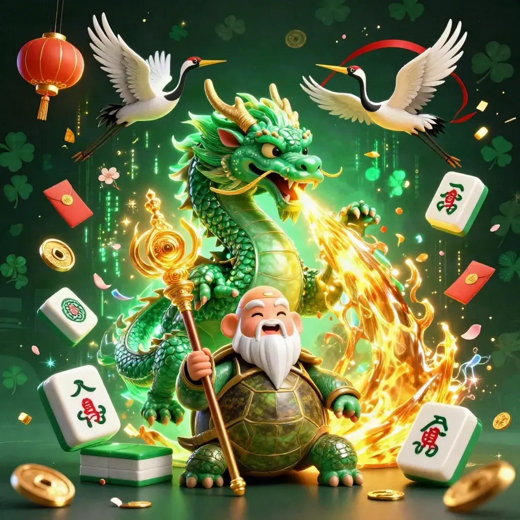 Emerald dragon, turtle sage and cranes amid gold fire, jade coins, lanterns and casino glow